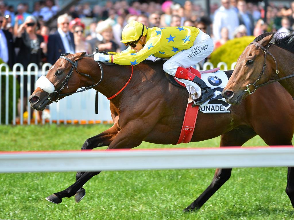 20/10/2012 SPORT: 2012 Caulfield Cup, Race 8. 2400 metres. Winner No 2 Dunaden ridden by Craig Williams 2nd 15 Alcopop ridden by Dom Tourneur and 3rd Lights of Heaven ridden by Luke Nolen Pic. Salpigtidis George