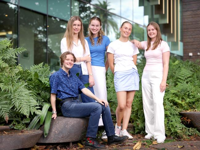 Brisbane Girls Grammar School graduates Scout Sommerfeld, Sophie List, Freya Lennon, Charlotte Kennedy, Zara Davis celebrate their ATAR. Picture: Steve Pohlner