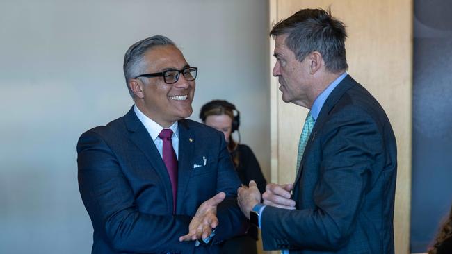 Ahmed Fahour and businessman John Wylie during the 2022 AFL Grand Final.