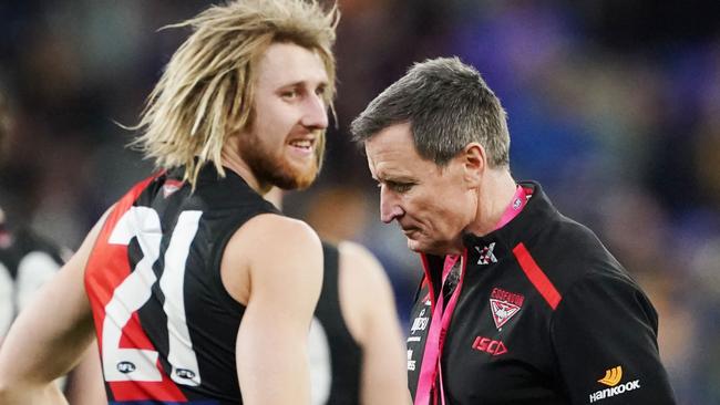 Bombers coach John Worsfold with captain Dyson Heppell. Picture: AAP