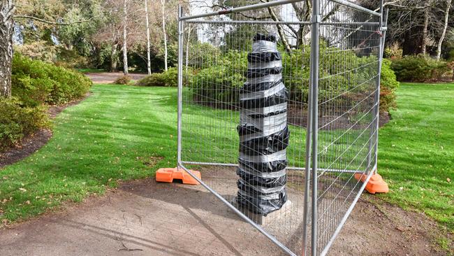 Busts of John Howard and Tony Abbott covered up after they were vandalised overnight. Picture: Ian Wilson