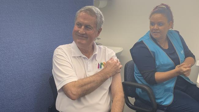 Mackay Mayor Greg Williamson receives his Covid-19 vaccination from Mackay Hospital and Health Service nurse unit manager Sonia Davids. Picture: Melanie Whiting