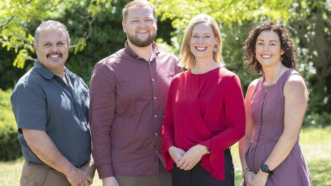 Tasmanian Labor leader Rebecca White with candidates (L-R) Simon Bailey (Franklin), Casey Farrell (Lyons) and Ebony Altimira (Franklin) at St Andrews Park, Hobart. Picture: Chris Kidd