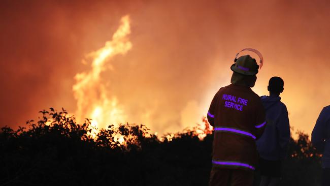 Firefighters on the scene of a bushfire that threatened homes along Palm Meadows Drive and the Boonaroo Park area. Picture: Glenn Hampson.