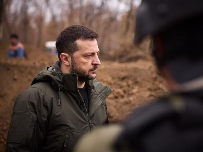 President Volodymyr Zelenskyy inspects the construction of fortifications at an undisclosed location in Donetsk region. Picture: AFP