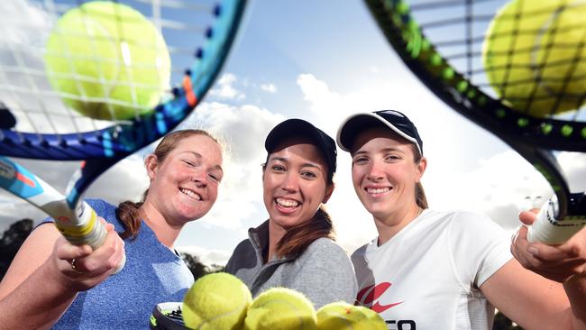 Nicole Kraemer, Michelle Burdon and Nicole Collie are part of the Kensington Gardens Lawn Tennis Club team playing in the Asia-Pacific Tennis League. Picture: Tom Huntley.