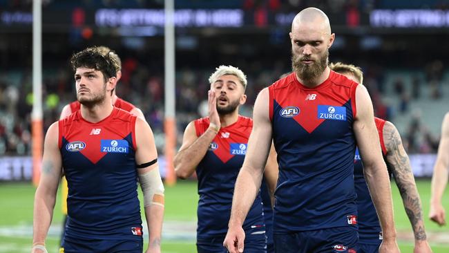 Skipper Max Gawn leads the Demons off the MCG. Picture: Quinn Rooney/Getty Images