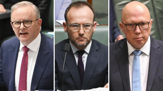Peter Dutton, right, has called on Anthony Albanese, left, to preference the Greens, led by Adam Bandt, centre, last on Labor how-to-vote cards at the next election.