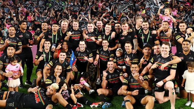 The Panthers pose with the NRL Premiership Trophy after victory in the 2021 NRL Grand Final