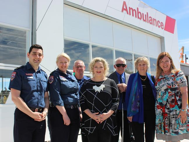 Paramedics and politicians outside the Mernda ambulance branch.