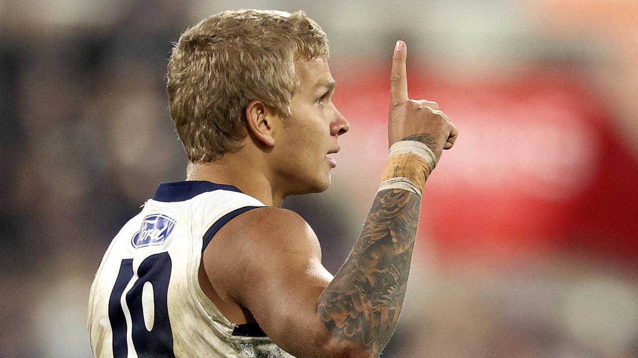 GEELONG, AUSTRALIA – JULY 02: Quinton Narkle of the Cats celebrates a goal during the round 16 AFL match between the Geelong Cats and the North Melbourne Kangaroos at GMHBA Stadium on July 02, 2022 in Geelong, Australia. (Photo by Martin Keep/AFL Photos via Getty Images)