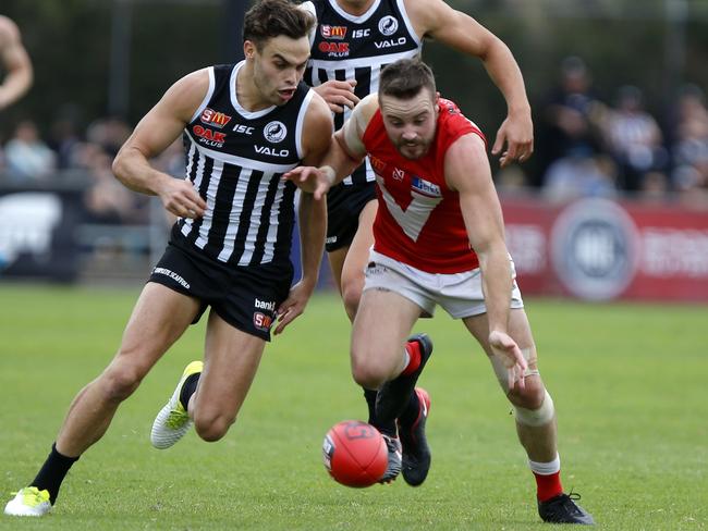 SANFL: Port Adelaide v North Adelaide at Alberton Oval - 	Karl Amon - Port,  Max Thring - North - picture Deb Curtis