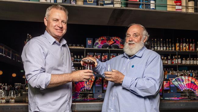 Premier Jeremy Rockliff with Tasmanian whisky industry leader Bill Lark to launch the limited release Lark Dragon whisky. Picture: Linda Higginson