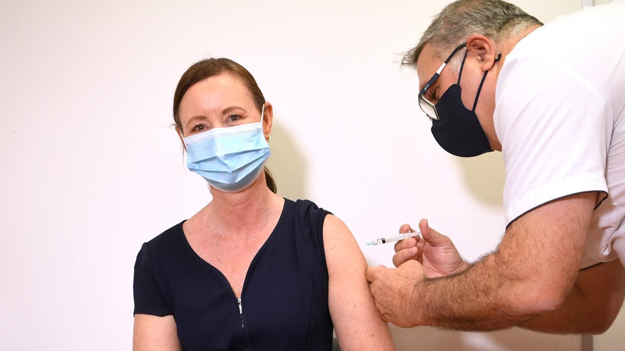 Queensland Health Minister Yvette D'Ath receives her second AstraZeneca Covid-19 vaccine jab at a pharmacy in Brisbane.Picture: NCA NewsWire / Dan Peled