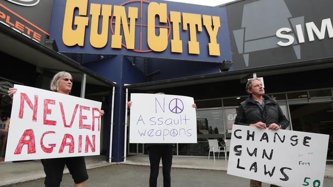 Protesters out the front of Christchurch’s largest gun shop in the days after the mosque attacks in NZ. Picture Gary Ramage