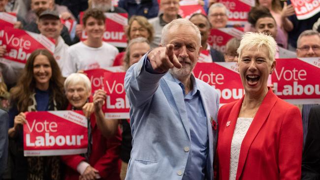 Jeremy Corbyn with Kate Linnegar, the Labour candidate for the Tory-held seat of North Swindon, on Saturday. Picture: Getty Images