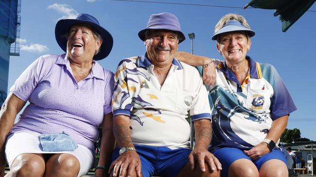 Longman locals Dot Hudson 71, Peter Patrikeos 80, and Sue Mitchell 65, at the Bribie Island Bowls Club. Picture: Lachie Millard