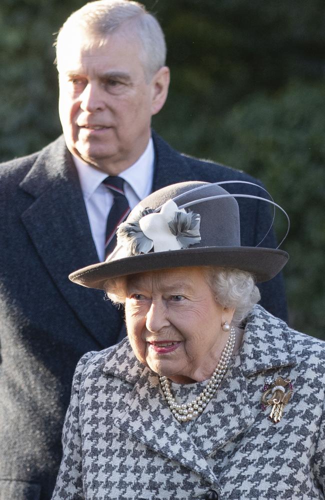 Queen Elizabeth II and Prince Andrew arrive at St Mary the Virgin, in Hillington, England, to attend a Sunday church service. Picture: AP