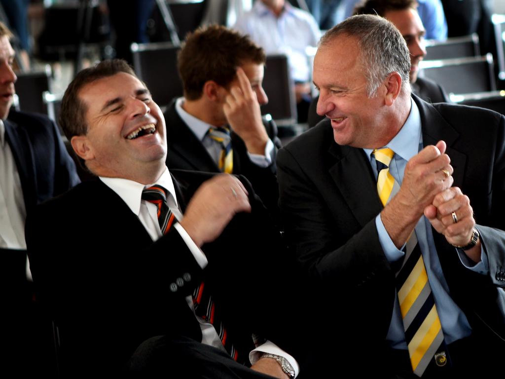 Ange Postecoglou (left) and Graham Arnold share a laugh during their time as coaches in the A-League. Picture: Gregg Porteous