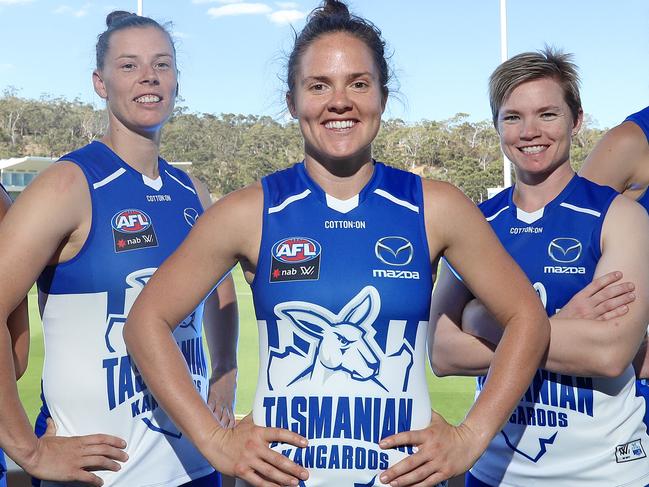 North Hobart AFLW players ready to take on Carlton tomorrow at North Hobart Oval (L-R) Kaitlun Ashmore, Britt Gibson, captain Emma Kearney, Jess Duffin and Emma King. Picture: LUKE BOWDEN