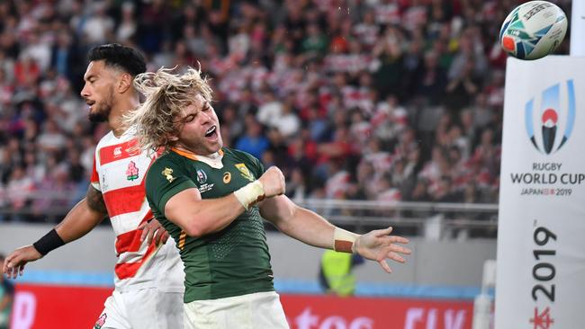 South Africa's Faf de Klerk celebrates after scoring a try against Japan in Tokyo. Picture: AFP