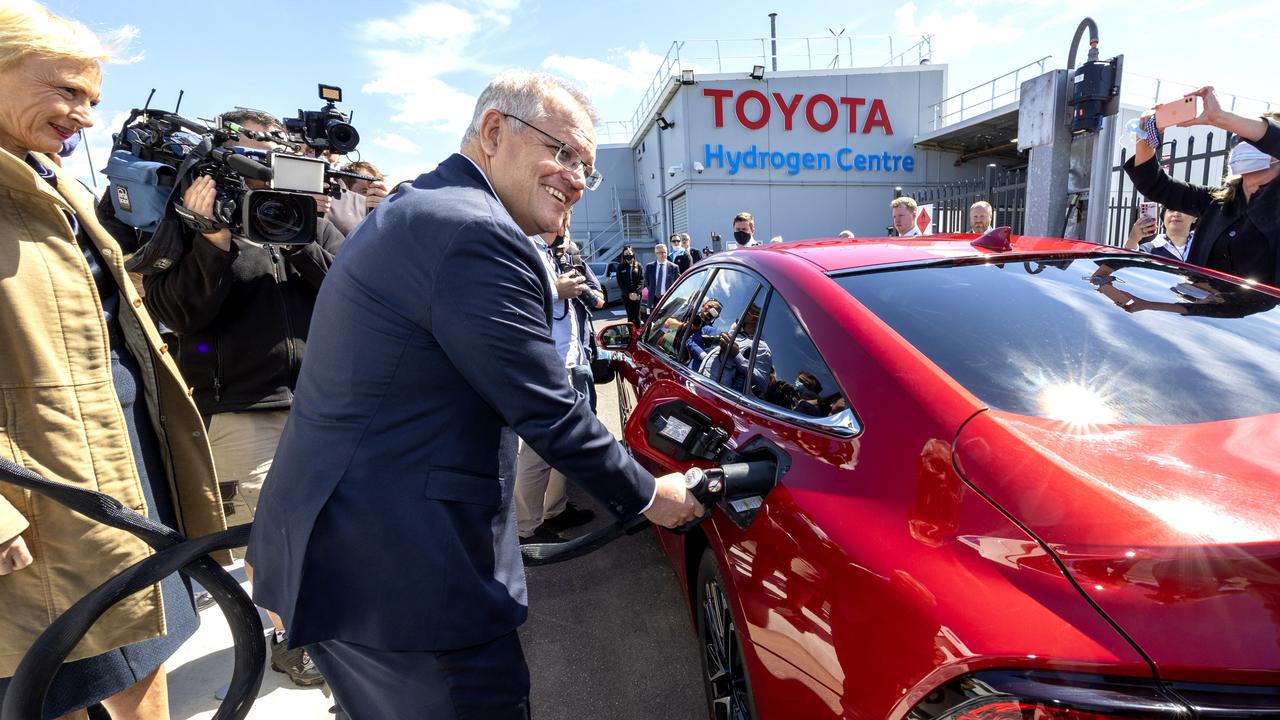 Morrison visits the Toyota Hydrogen Centre in Altona to unveil a new $250m electric vehicle plan. Picture: NCA NewsWire / David Geraghty