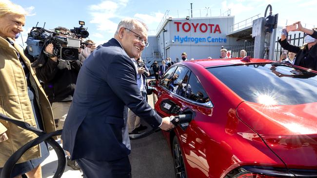 Morrison visits the Toyota Hydrogen Centre in Altona to unveil a new $250m electric vehicle plan. Picture: NCA NewsWire / David Geraghty