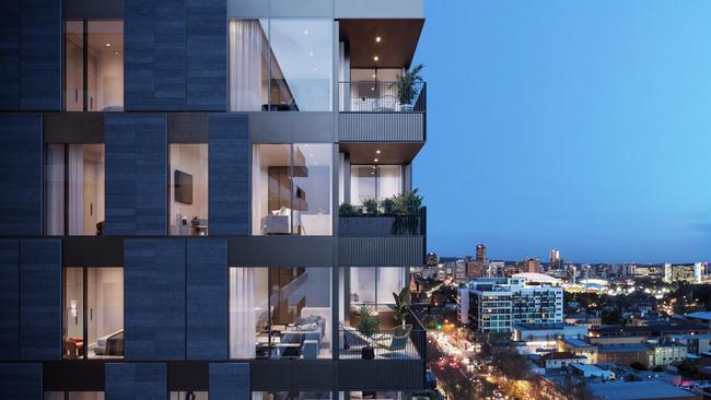 Architect's render showing the balcony exteriors of the development at 88 O"Connell St, North Adelaide. Picture: Supplied