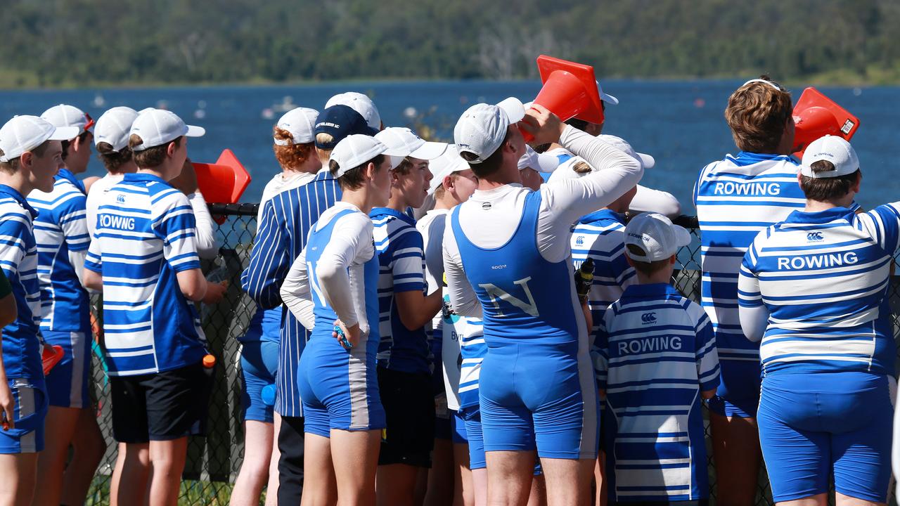 Nudgee students cheer on their teams at the GPS Head of the River, Lake Wyaralong. Picture: Sarah Marshall/AAP