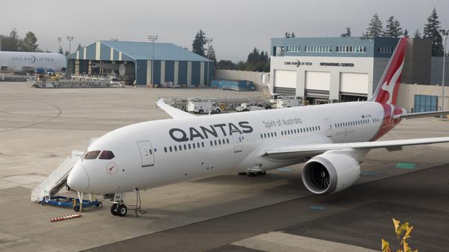 A new 787-9 Dreamliner sitting on the tarmac in Seattle.