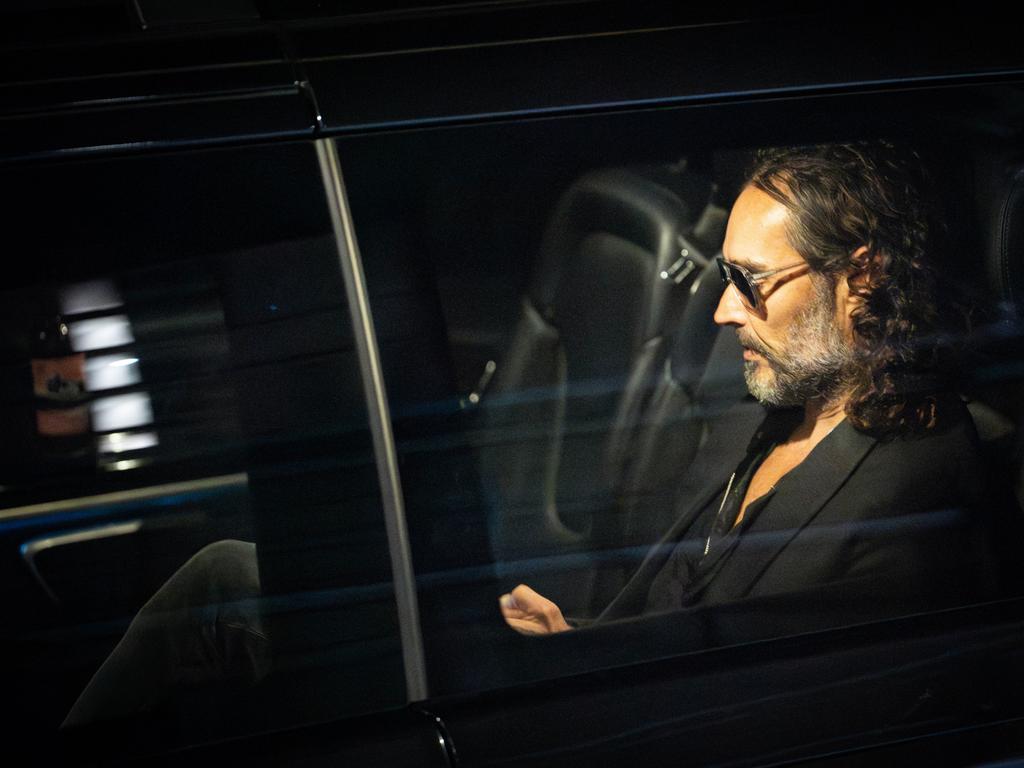 Russell Brand leaves the Troubabour Wembley Park theatre in north-west London after performing a comedy set in the wake of sexual assault allegations. Picture: Getty Images