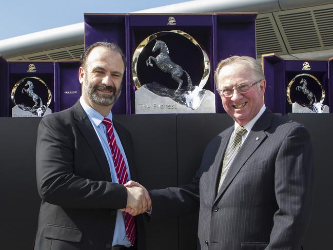 22/09/2017: (L-R) Racing NSW CEO, Peter V'landys and Chairman Russell Balding. The Everest trophy was unveiled by Racing NSW at The Star in Sydney today. The spectacular $300,000 diamond encrusted trophy is designed by leading Sydney jewellers Cerrone. Hollie Adams/The Australian