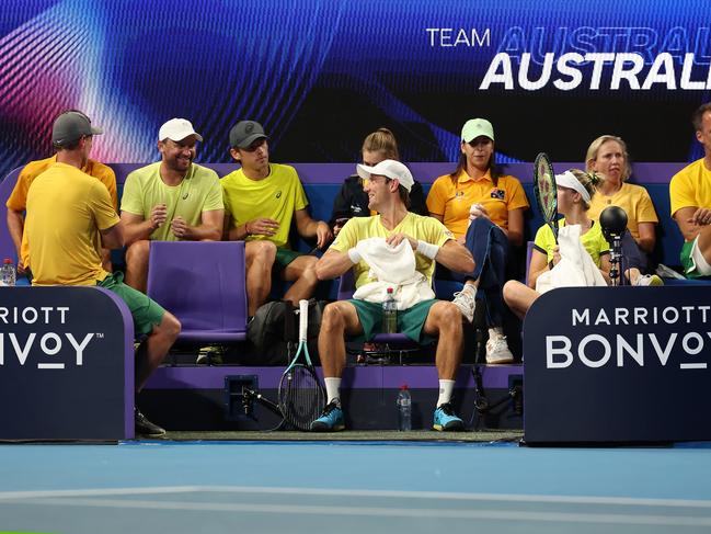 Matt Ebden and Storm Hunter chat to Alex de Minaur during the United Cup. Picture: Paul Kane/Getty Images