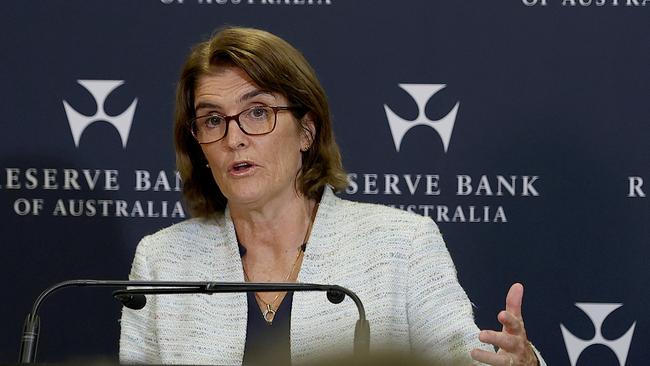 SYDNEY, AUSTRALIA - NewsWire photos FEBRUARY 06, 2024: Pictured is Michele Bullock the Australian economist who is currently governor of the Reserve Bank of Australia speaking at a press conference at the Reserve Bank of Australia (RBA) in Sydney. Picture: NCA NewsWire / Dylan Coker