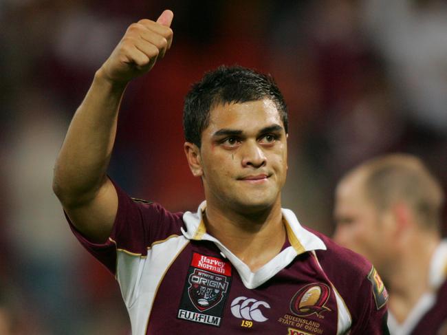 Maroons' Karmichael Hunt celebrates win following Game One (1) of State of Origin RL series Queensland v NSW at Suncorp Stadium, Brisbane.