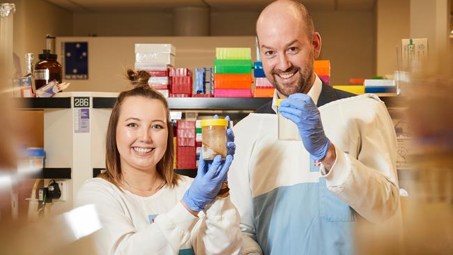 Patient Stephanee Hermsen with Dr. Sam Costello at the Biomebank lab at the The Hospital Research Foundation in Woodville South, where stools are stored and researched. Picture: AAP Image