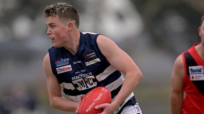 MacedonÃs Samuel Indian during the RDFL Western Rams v Macedon football match in Rockbank, Saturday, June 3, 2023. Picture: Andy Brownbill