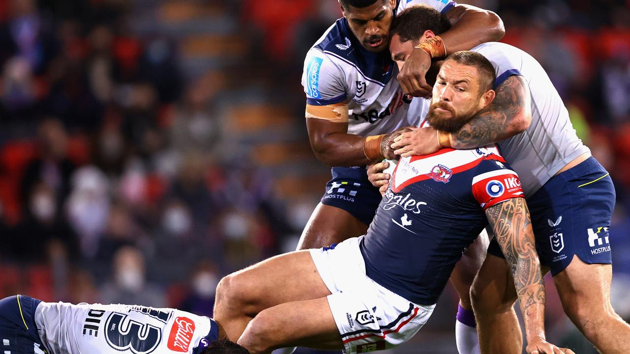 Roosters enforcer Jared Waerea-Hargreaves was always in the middle of the tough stuff at Newcastle on Thursday night. Picture: Ashley Feder / Getty Images