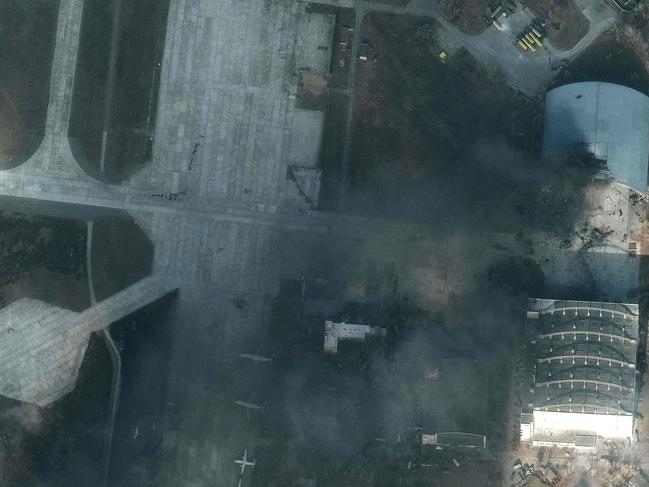 An overview of damage caused by recent air strikes and heavy fighting in and around the Antonov airport at Gostomel, north-west of Kyiv, on February 27. Picture: Satellite image Â©2022 Maxar Technologies / AFP