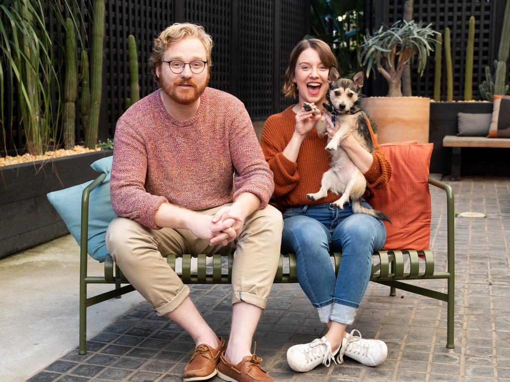 am Bowden and Michelle Azevedo with their dog Bugle. Picture: Supplied