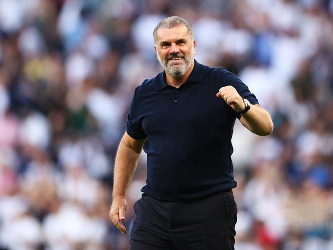 LONDON, ENGLAND - AUGUST 19: Ange Postecoglou, Manager of Tottenham Hotspur, celebrates following the team's victory during the Premier League match between Tottenham Hotspur and Manchester United at Tottenham Hotspur Stadium on August 19, 2023 in London, England. (Photo by Clive Rose/Getty Images)