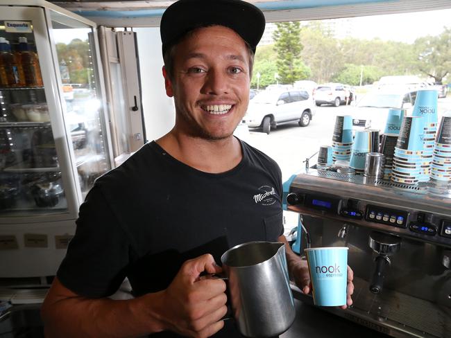 Marcus Wilkins of Nook Espresso makes coffee at his shop, Burleigh, Gold Coast. To go with feature on coffee trend in Gold Coast. Photo: Regi Varghese
