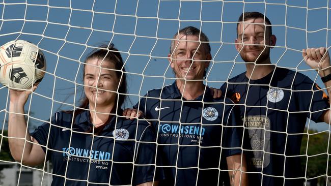 Jennifer Board Memorial Football Carnival organisers Dannika Poole, Graeme Mertz and Luke Southgate at Estates Football Club. Picture: Evan Morgan