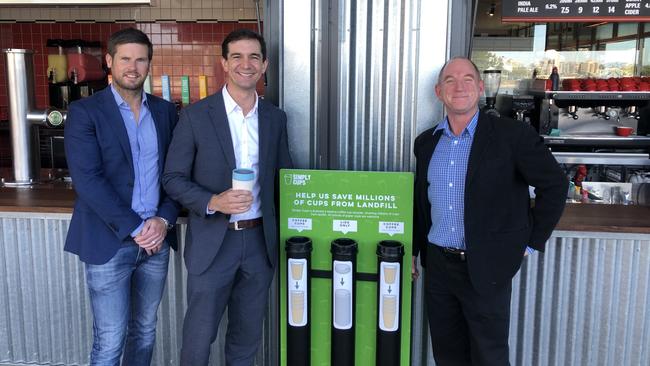 Luke Fraser, CEO of Howard Smith Wharves (an entertainment precinct in Brisbane), Trevor Evans (MP) and Brendan Lee of Simply Cups.