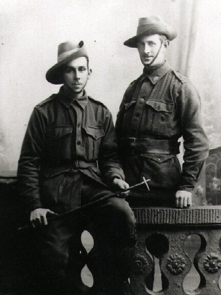 “My great, great uncle Arthur T S Foster (left) served with the 1st Field Company Engineers as a Sapper, with his uncle Richard McGuffin with taken during the First World War in 1917. Richard, known as Dick McGuffin, served in 19 Battalion AIF.” Picture: Supplied by Barry McGuffin