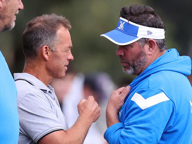 MELBOURNE, FEBRUARY 3, 2023: North Melbourne training at Arden Street. Coach Alastair Clarkson with his assistants Damian Monkhorst and Brett Ratten. Picture: Mark Stewart