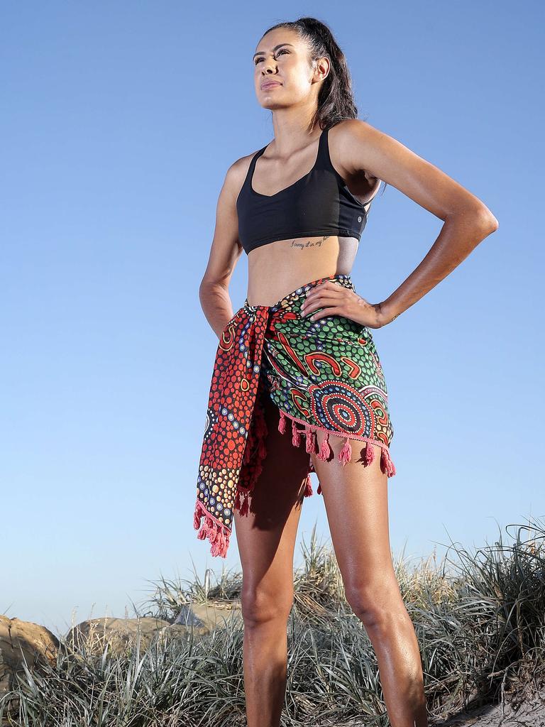 Taliqua Clancy at Henley Beach with her Indigenous Sarong . Picture Sarah Reed