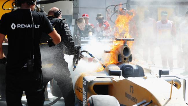 The car of Kevin Magnussen caught fire in pit lane during Practice 1.