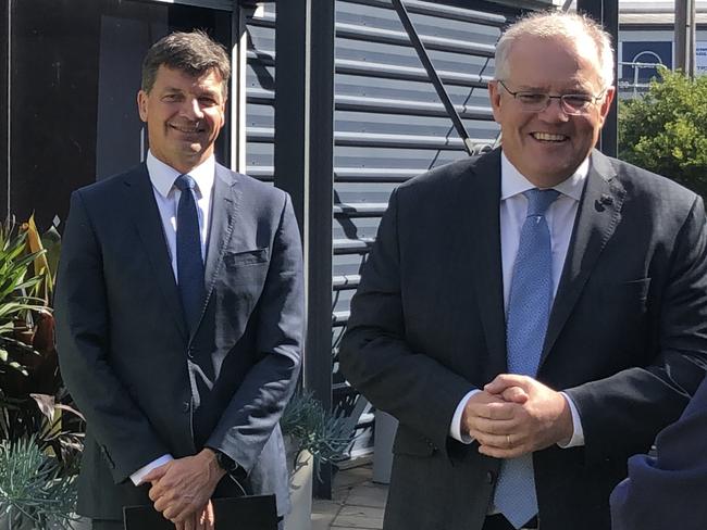 Prime Minister Scott Morrison and Energ Minister Angus Taylor at Bluescope in Port Kembla on Septmber 17.