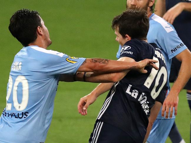 Robbie Kruse cops a shove from City’s Adrin Luna.